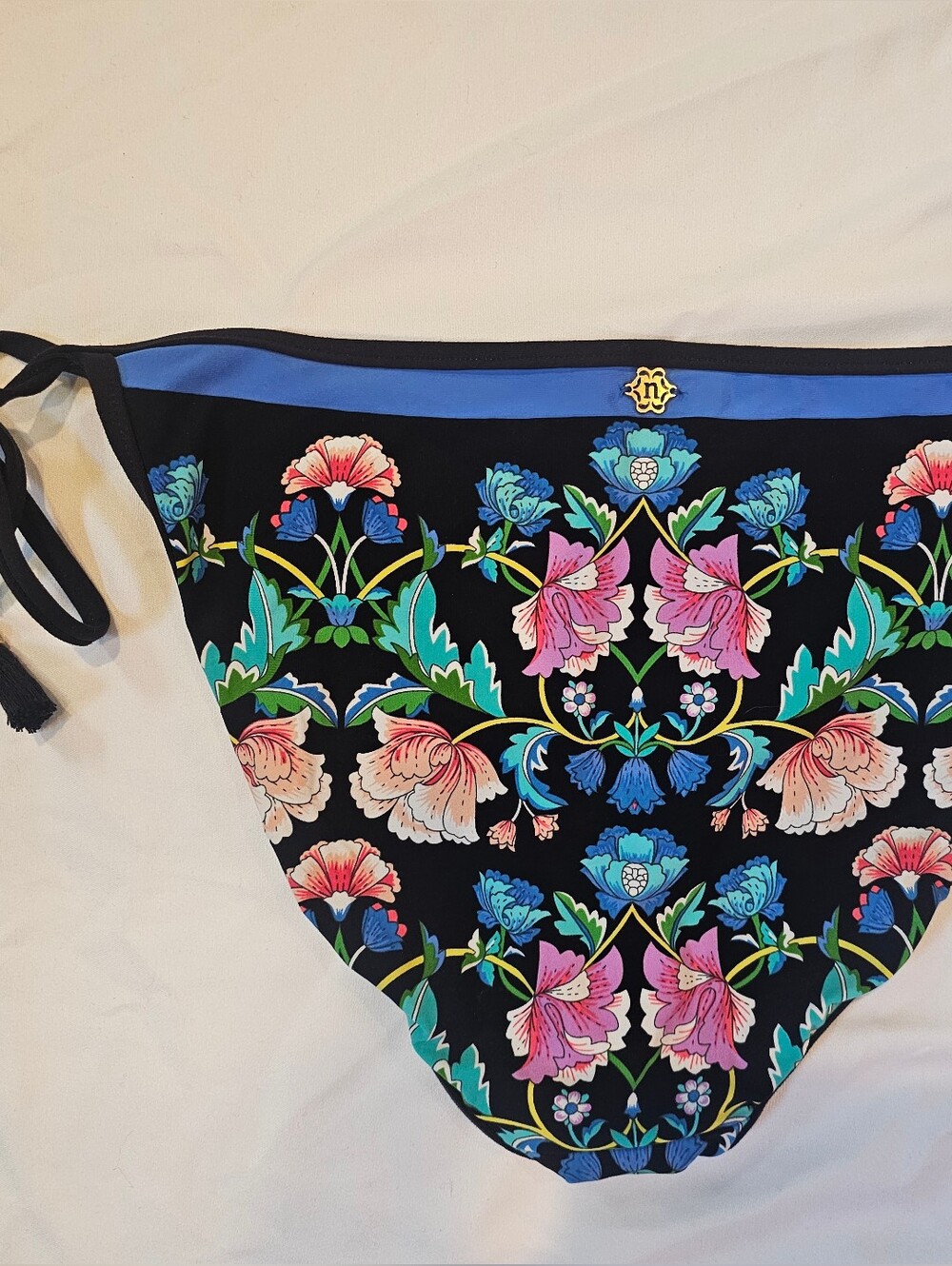 Nanette Lepore Black Floral Swim Bottom with Blue Lining- Large- MISSING TASSEL